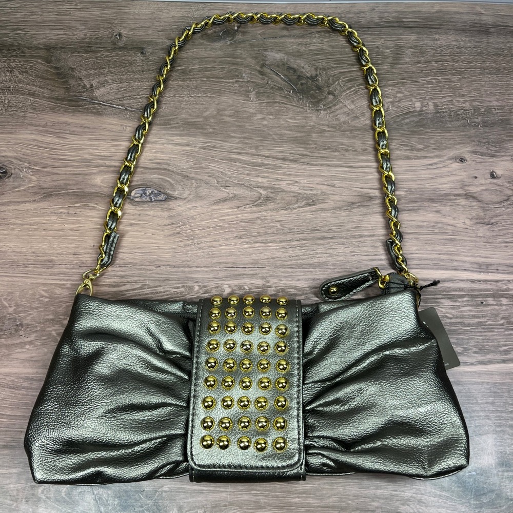 Hananel Shoulder Bag Women Pewter Metallic Studded Bow Chain Strap